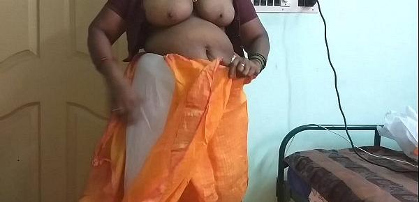  desi  indian horny tamil telugu kannada malayalam hindi cheating wife vanitha wearing orange colour saree  showing big boobs and shaved pussy press hard boobs press nip rubbing pussy masturbation